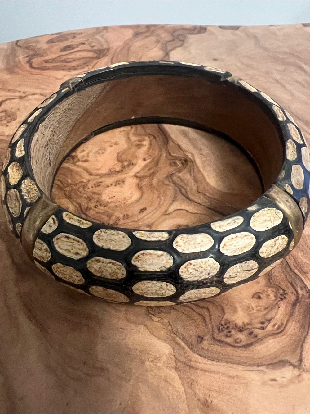 Vintage 1979s Boho Handcrafted Carved Wooden Bangle Bracelet with Brass Inlays